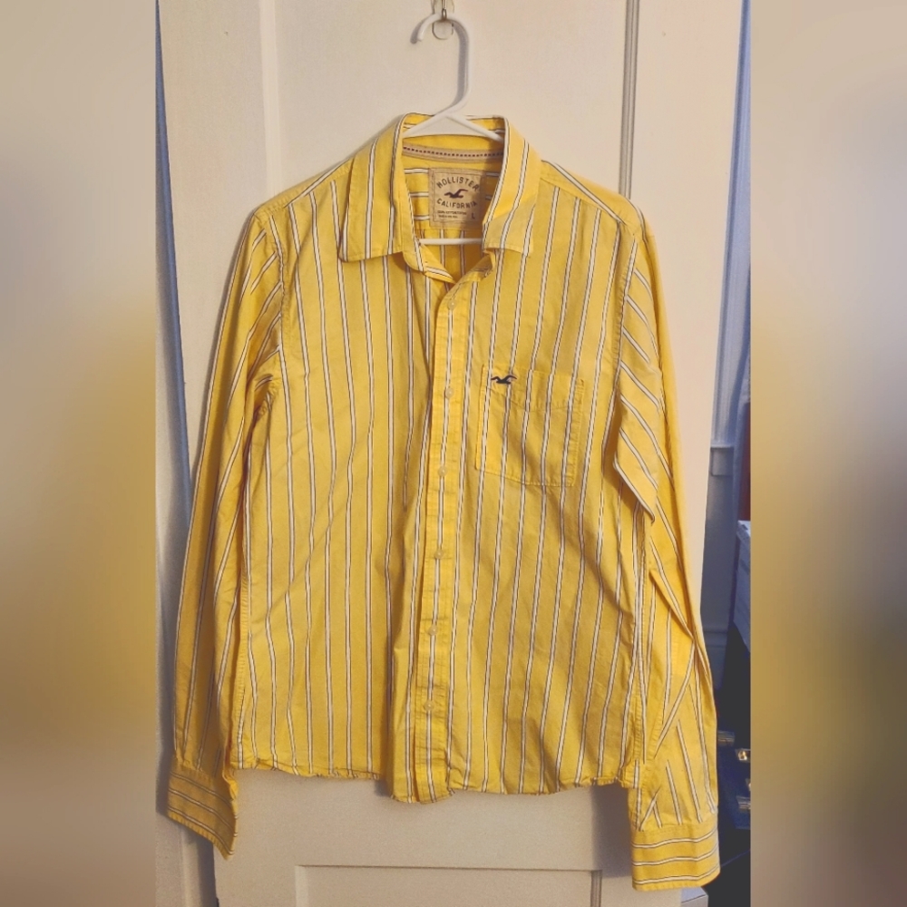 Hollister Large Striped Yellow Button-Up Shirt